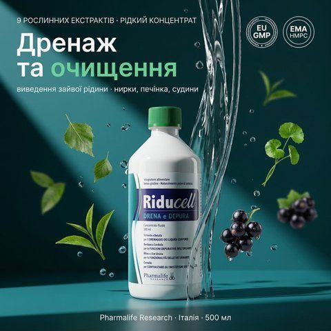 Флакон Riducell Дренаж та очищення 500 мл &mdash; рідкий концентрат із 9 стандартизованих рослинних екстрактів, виведення зайвої рідини, Pharmalife Research, Італія, livestashop