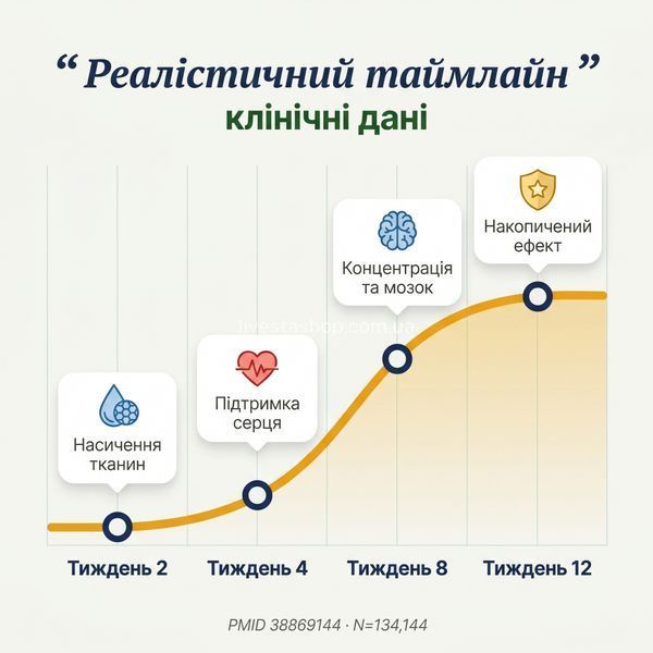 Таймлайн ефекту Omega-3 NATURALNEST &mdash; тижні 2/4/8/12, N=134144 клінічні дані