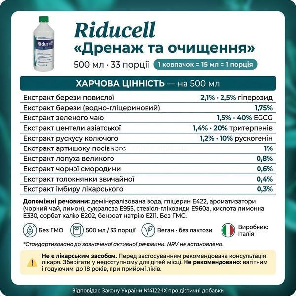 Склад Riducell Дренаж та очищення 500 мл &mdash; береза 2,5% гіперозид, зелений чай EGCG 40%, центела тритерпени 20%, рускус рускогенін 10%, EU GMP EMA HMPC, Pharmalife Research Dal 1998 Italia, livestashop