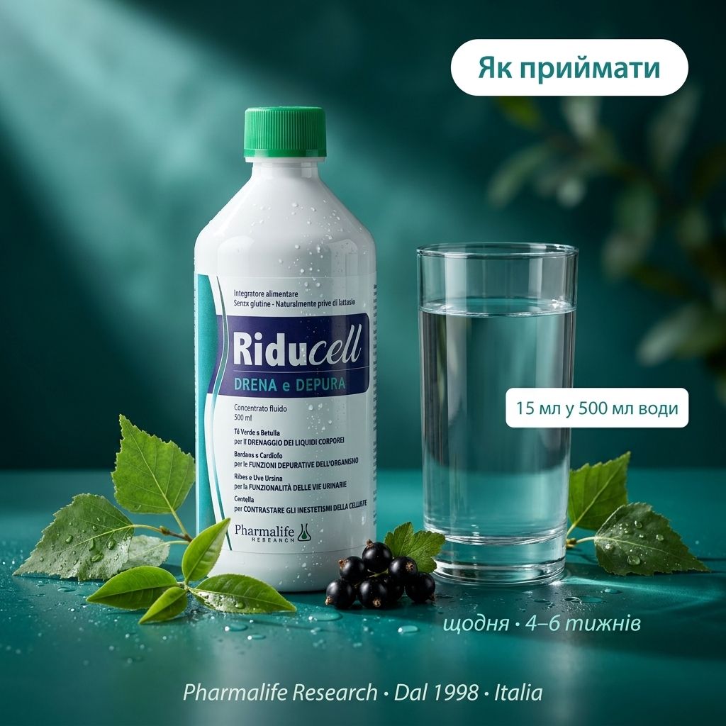 Флакон Riducell Дренаж та очищення 500 мл поряд з пляшкою води — рідкий формат щоденної дренажної підтримки з 9 рослинних екстрактів від Pharmalife Research замість трьох окремих добавок