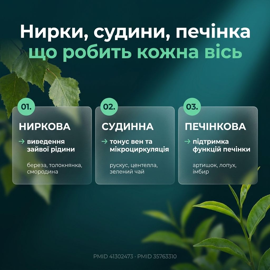 Схема дії Riducell Дренаж та очищення — ниркова вісь (береза, толокнянка, смородина) підтримує виведення рідини, судинна вісь (рускус, центела) — венозний тонус, печінкова вісь (артишок, лопух) — функцію печінки