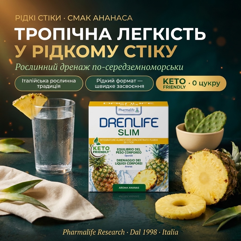 Стик Drenlife Slim и стакан воды с растворённым золотисто-жёлтым содержимым рядом с дольками свежего ананаса — жидкий ботанический слим-формат Pharmalife Research вместо таблеток