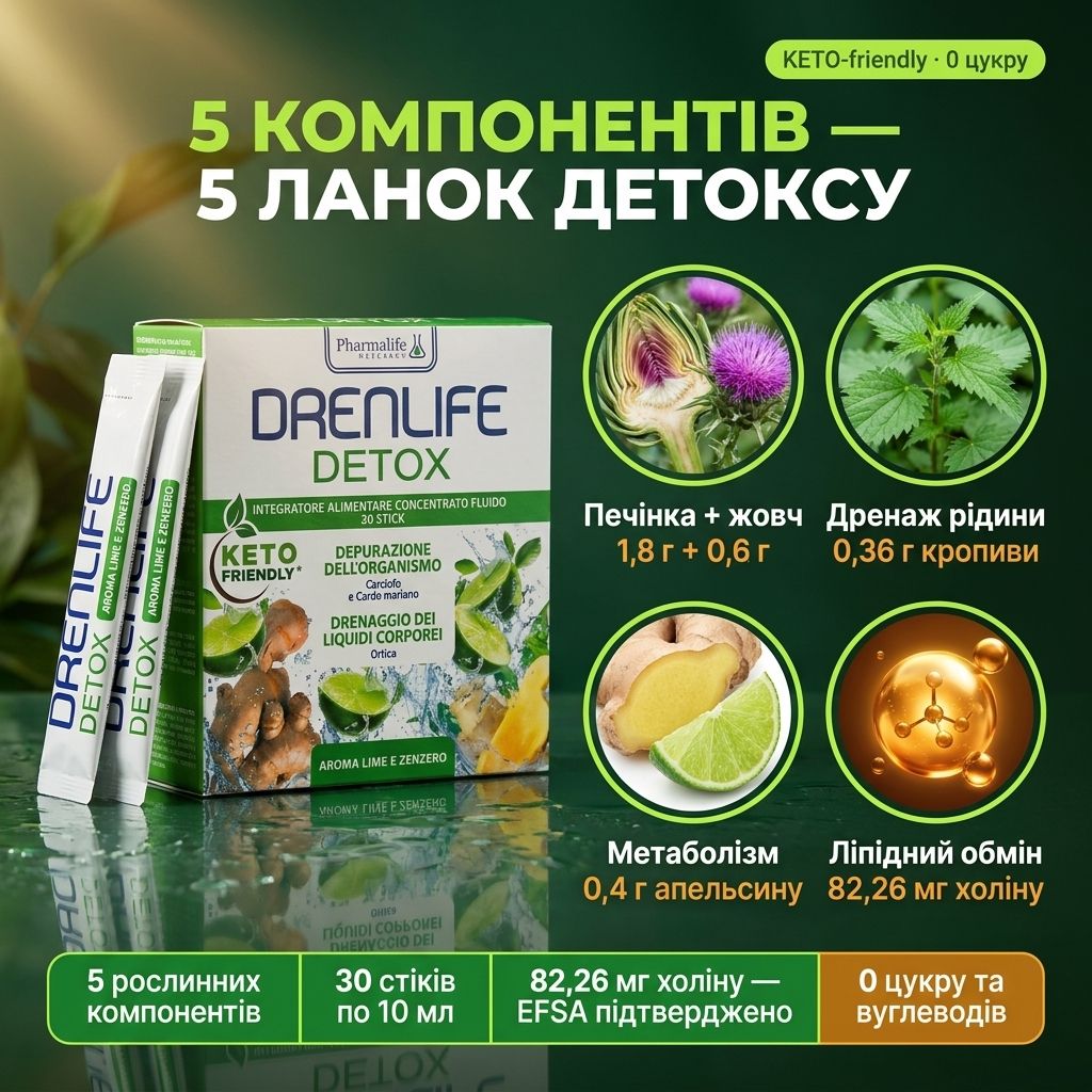 Drenlife Detox — жидкие стики со вкусом лайма и имбиря с 5 растительными компонентами для природного детокса (артишок, расторопша, крапива, горький апельсин, холин) от Pharmalife Research, Италия