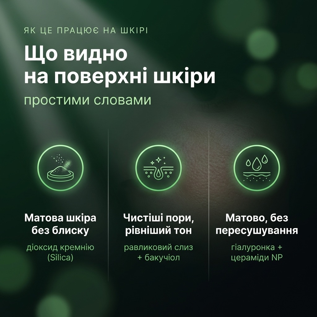 Схема догляду Aspersina Detox: Silica — матування, равлик і бакучіол — гладкість, гіалуронка й цераміди — баланс зволоження