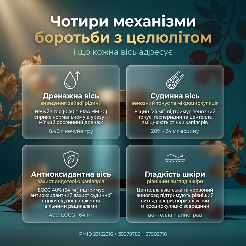 Схема дії Riducell Дренаж та боротьба з целюлітом — дренажна вісь (нечуйвітер, журавлина) сприяє виведенню рідини, судинна вісь (есцин 20%, гесперидин, центела) підтримує венозний тонус і мікроциркуляцію, антиоксидантна вісь (EGCG 40%, червоний виноград) захищає судини