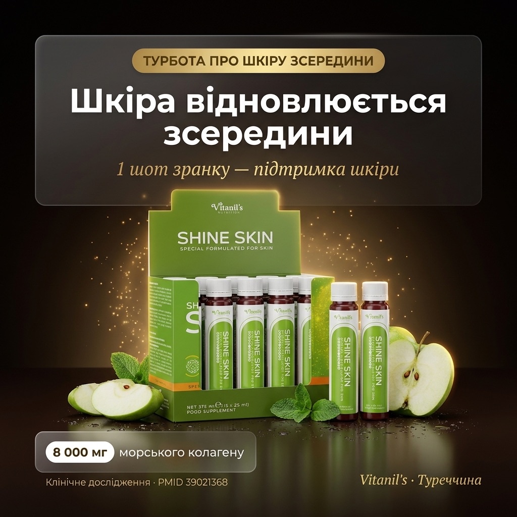 Женщина открывает шот Vitanil's SHINE SKIN со вкусом зелёного яблока утром — ежедневная поддержка кожи изнутри за 5 секунд