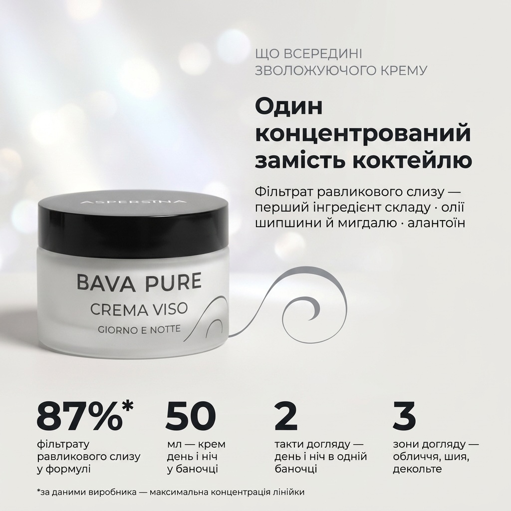 Зволожуючий крем для обличчя Aspersina BAVA PURE день і ніч, 50 мл — фільтрат равликового слизу