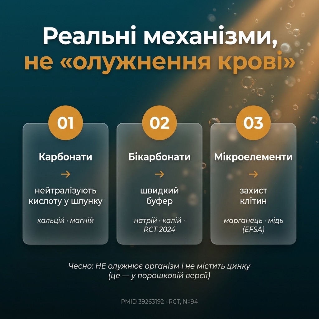 Как работает Langsteiner в 3 шага: карбонаты в желудке → быстрый бикарбонатный буфер → марганец и медь защищают клетки