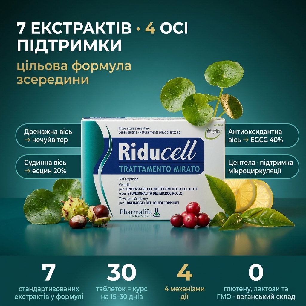 Riducell Дренаж та боротьба з целюлітом — 30 таблеток із 7 стандартизованих рослинних екстрактів (нечуйвітер, гесперидин, зелений чай EGCG 40%, гіркокаштан есцин 20%, центела азіатська, червоний виноград, журавлина) від Pharmalife Research, Італія