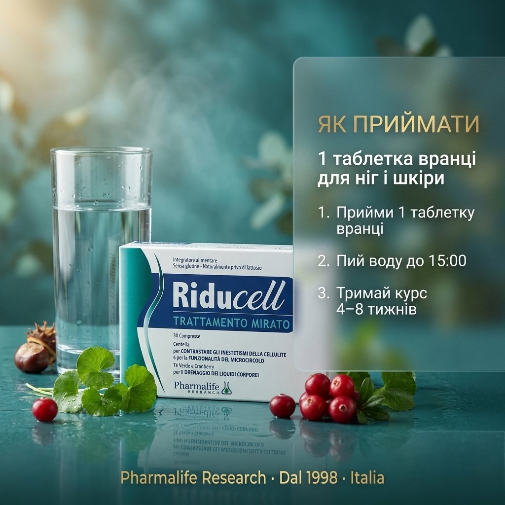 Упаковка Riducell Дренаж та боротьба з целюлітом 30 таблеток поряд зі склянкою води — зручний таблеткований формат цільової антицелюлітної підтримки із 7 рослинних екстрактів від Pharmalife Research, Італія