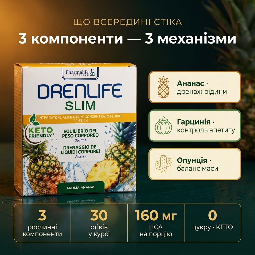 Drenlife Slim — жидкие стики со вкусом ананаса с 3 растительными компонентами (ананас-бромелайн, гарциния HCA, опунция-клетчатка) для дренажа жидкости, контроля аппетита и баланса массы тела от Pharmalife Research, Италия