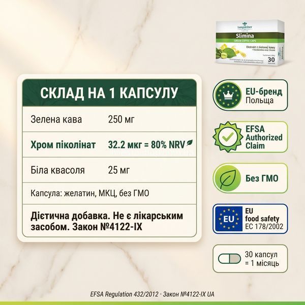 Склад Slimina на капсулу: зелена кава 250 мг, хром піколінат 32.2 мкг 80% NRV, EU Langsteiner
