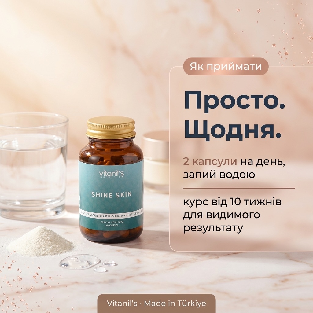 Жінка приймає 2 капсули Vitanil's SHINE SKIN зі склянкою води вранці — щоденна підтримка шкіри зсередини без охолодження й розчинення
