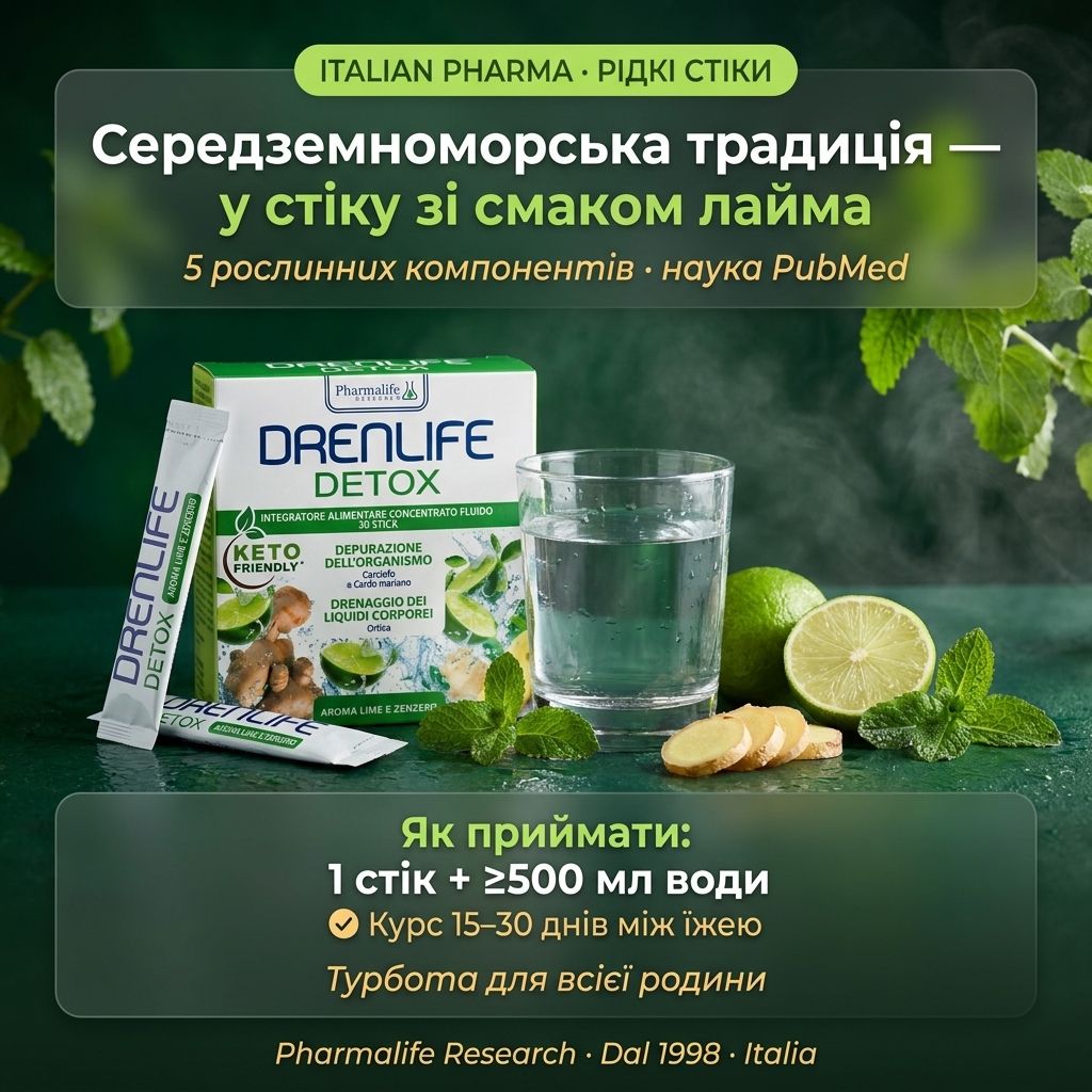 Стик Drenlife Detox и стакан воды с растворённым золотисто-зелёным содержимым рядом с дольками лайма и корнем имбиря — жидкий ботанический детокс-формат Pharmalife Research вместо таблеток