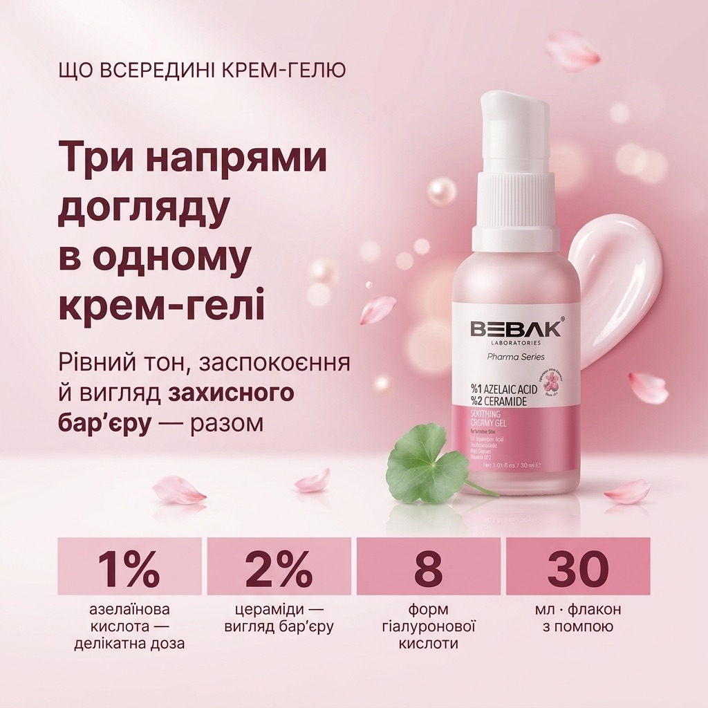 Заспокійливий крем-гель BEBAK з азелаїновою кислотою 1% і церамідами для чутливої шкіри обличчя, 30 мл