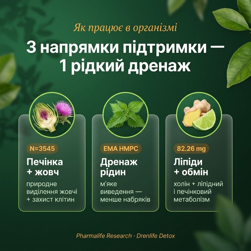 Схема детокс-действия Drenlife — артишок и расторопша поддерживают функцию печени и желчевыделение, крапива способствует дренажу лишней жидкости, горький апельсин и холин поддерживают обмен веществ
