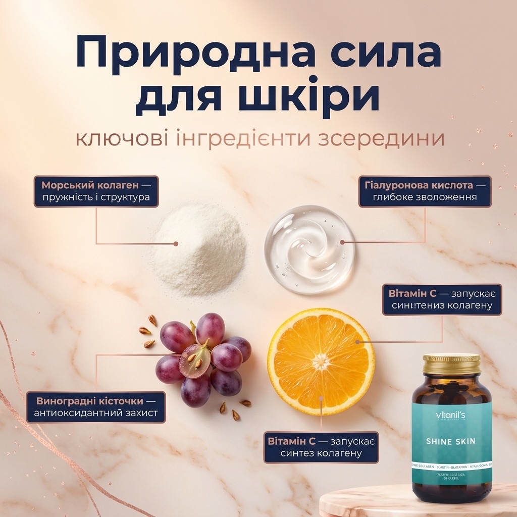 Vitanil's SHINE SKIN — капсули 60 шт зі складом: морський колаген 500 мг, еластин, гіалуронова кислота, вітаміни C, A, B2, B3, цинк, мідь, глутатіон, екстракт виноградних кісточок