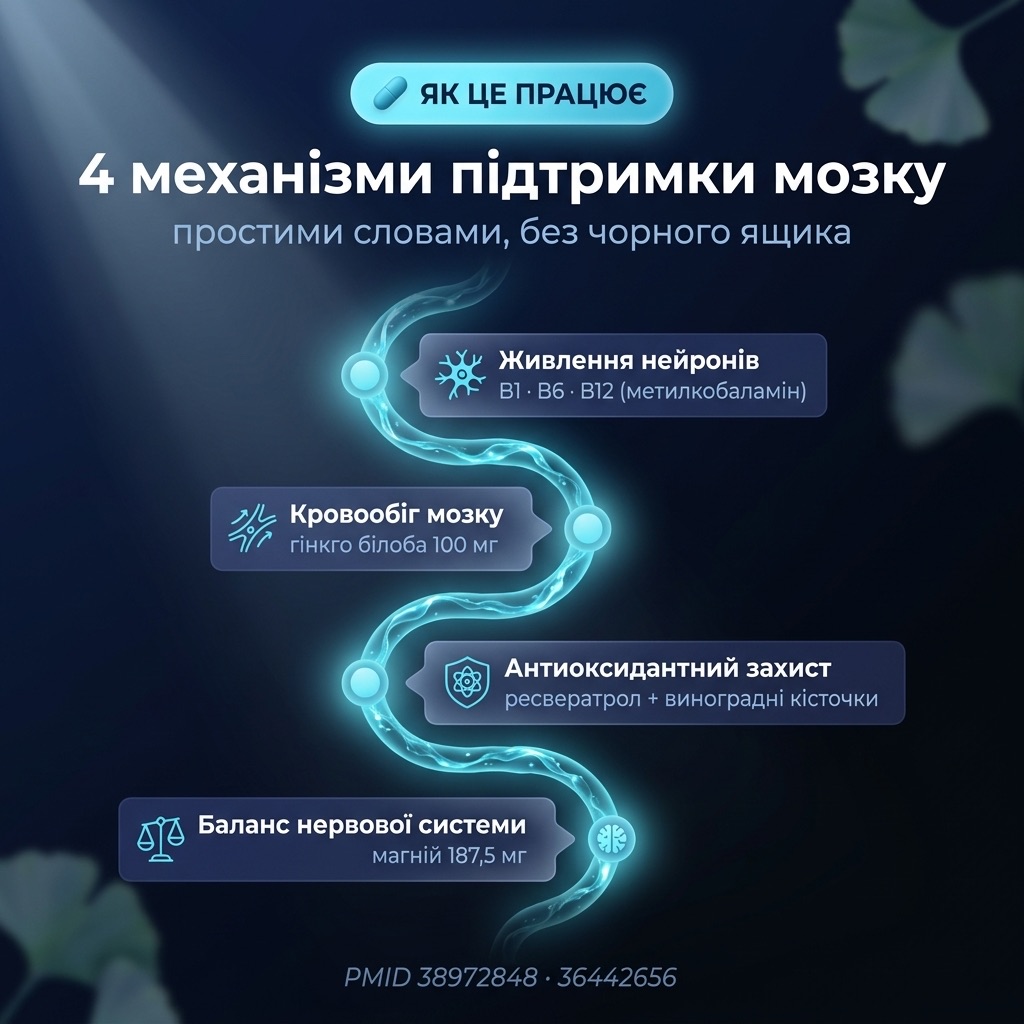 Схема — как BRAIN MEMORY поддерживает мозг: питание нейронов (B-витамины) → микроциркуляция (гинкго) → антиоксидантная защита (ресвератрол) → баланс нервной системы (магний)