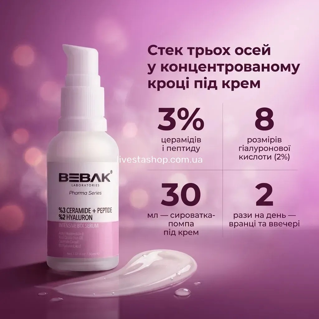 Інтенсивна антивікова сироватка BEBAK Pharma з пептидами й церамідами, 30 мл — концентрований крок під крем