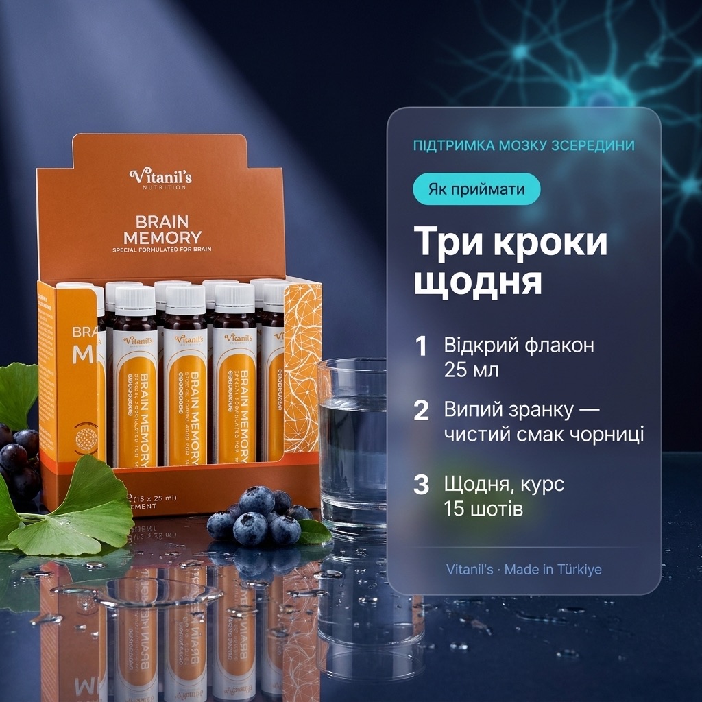 Шот Vitanil's BRAIN MEMORY со вкусом черники на рабочем столе рядом с ноутбуком — ежедневная поддержка мозга изнутри за 5 секунд