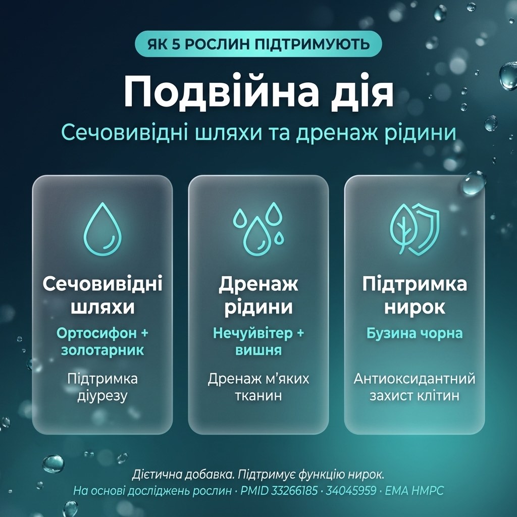 Схема действия Drenlife Diur — ортосифон и золотарник поддерживают диурез и почечную ткань, ястребинка и плодоножки вишни обеспечивают дренаж лишней жидкости, бузина чёрная добавляет антиоксидантную защиту