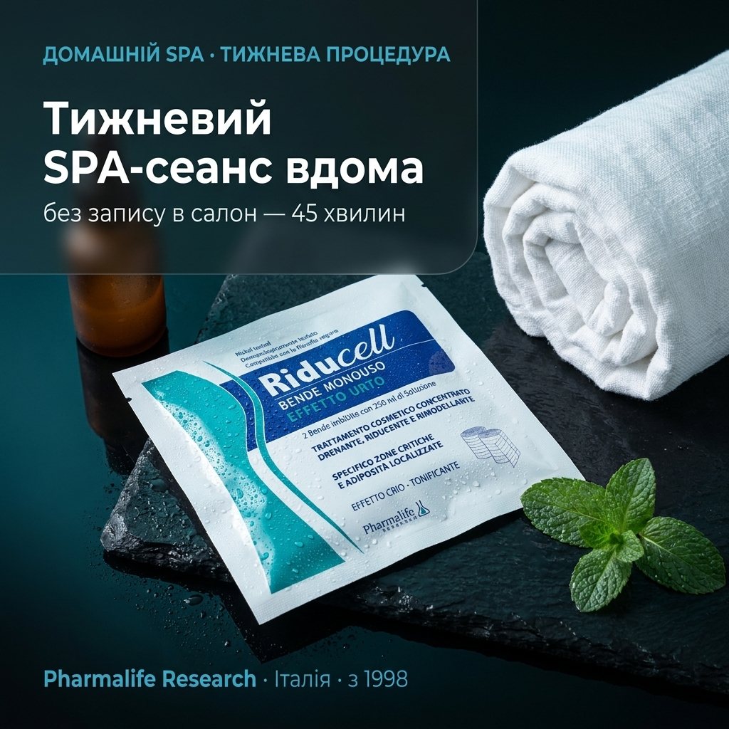 Riducell Бандажі «Шоковий ефект» на SPA-фоні поряд із доглянутими ногами — інтенсивне домашнє антицелюлітне обгортання Pharmalife Research замість дорогих салонних процедур, з крио-охолодженням EFFETTO CRIO