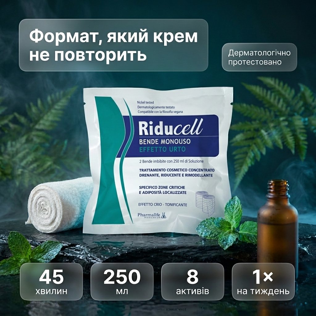 Riducell Бандажі «Шоковий ефект» 2 шт — інтенсивне антицелюлітне SPA-обгортання вдома від Pharmalife Research (Італія) з EFFETTO CRIO крио-охолодженням та 8 фітоактивами: центела, есцин, кофеїн, виноград, ананас, морська сіль, V-тонік із 8 ефірних олій