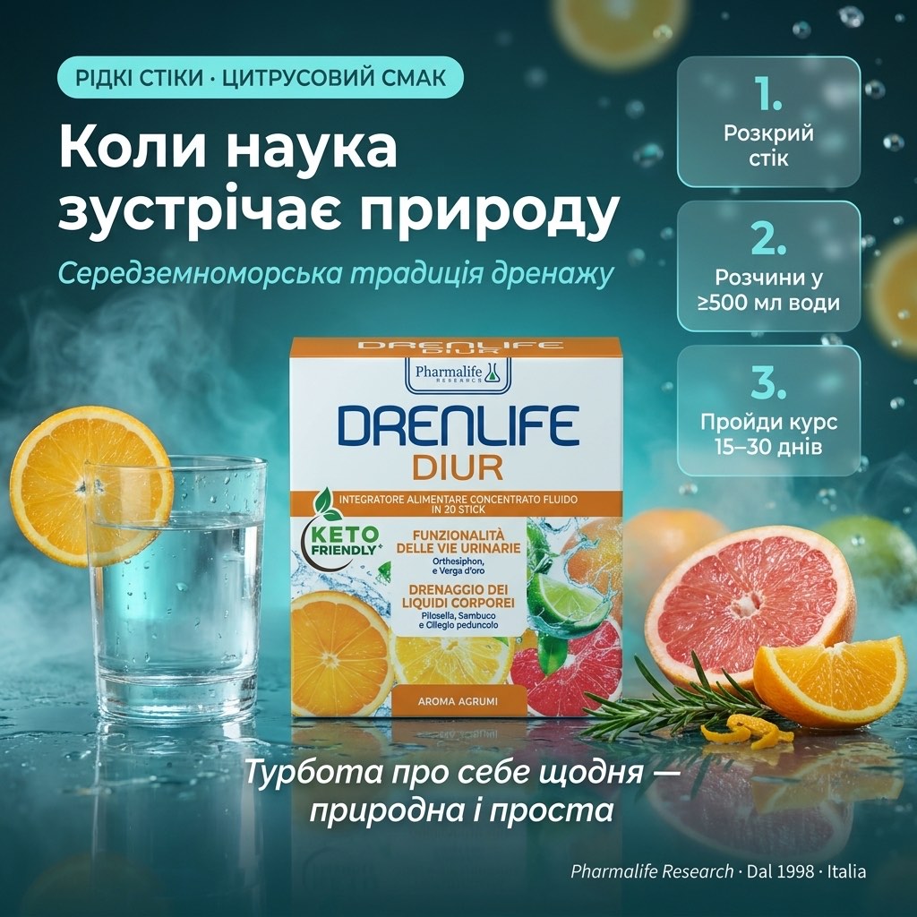 Стик Drenlife Diur и стакан воды с растворённым цитрусовым содержимым рядом с дольками цитрусов — жидкий ботанический дренажный формат Pharmalife Research вместо почечного чая