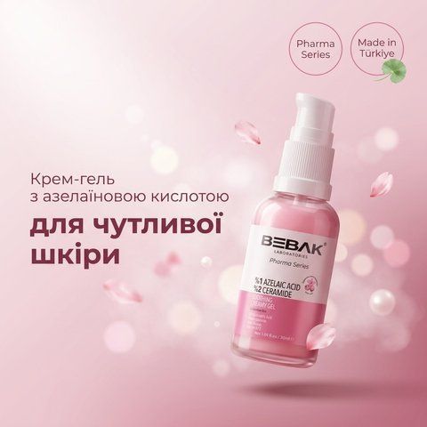 Крем-гель з азелаїновою кислотою для чутливої шкіри обличчя BEBAK Pharma, 30 мл &mdash; заспокоєння, менше почервоніння, відновлення вигляду бар'єру; азелаїнова 1% + цераміди 2% + 8 форм гіалуронової кислоти. Купити в Україні.