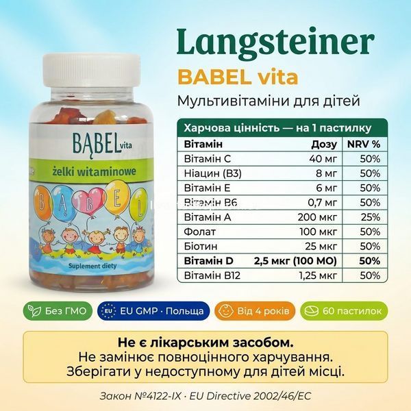 Склад BABEL vita Langsteiner &mdash; 9 вітамінів на пастилку: C 40мг, ніацин 8мг, E 6мг, B6, A 200мкг, фолат, біотин, D 100МО, B12 &middot; EU GMP Польща