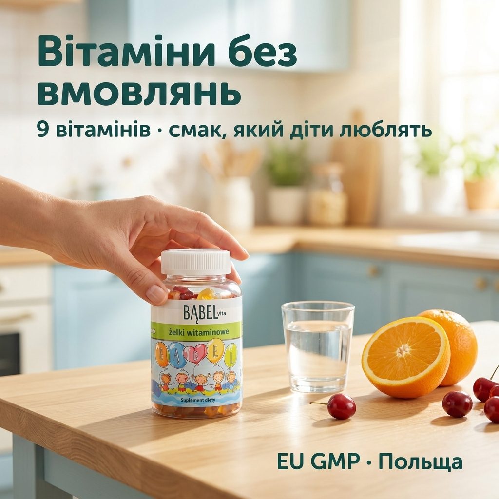 Тёплый семейный утренний свет — упаковка BĄBEL vita с желейками и свежими фруктами на столе для завтрака