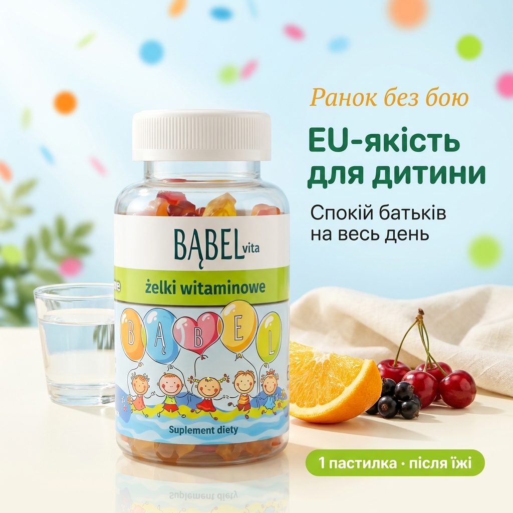 Тепле сімейне ранкове світло — упаковка BĄBEL vita з желейками та свіжими фруктами на столі для сніданку