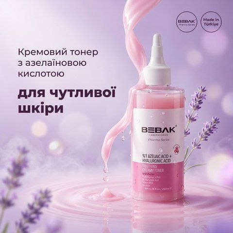 Заспокійливий кремовий тонер з азелаїновою кислотою BEBAK Pharma для чутливої шкіри обличчя, 200 мл &mdash; рожевий тонік купити
