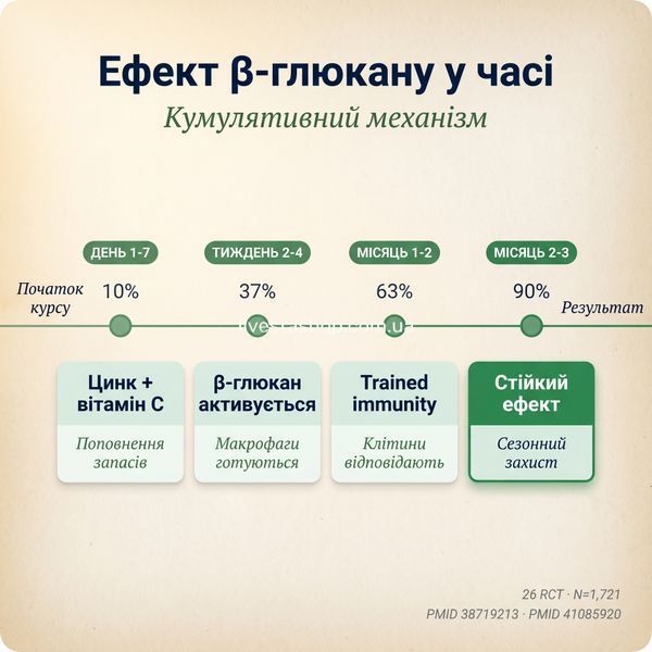 Коли діє NATURALNEST Бета Глюкан &mdash; ефект у часі: день 1 / тиждень 2-4 / місяць 1-2 / місяць 2-3, 26 RCT доказ