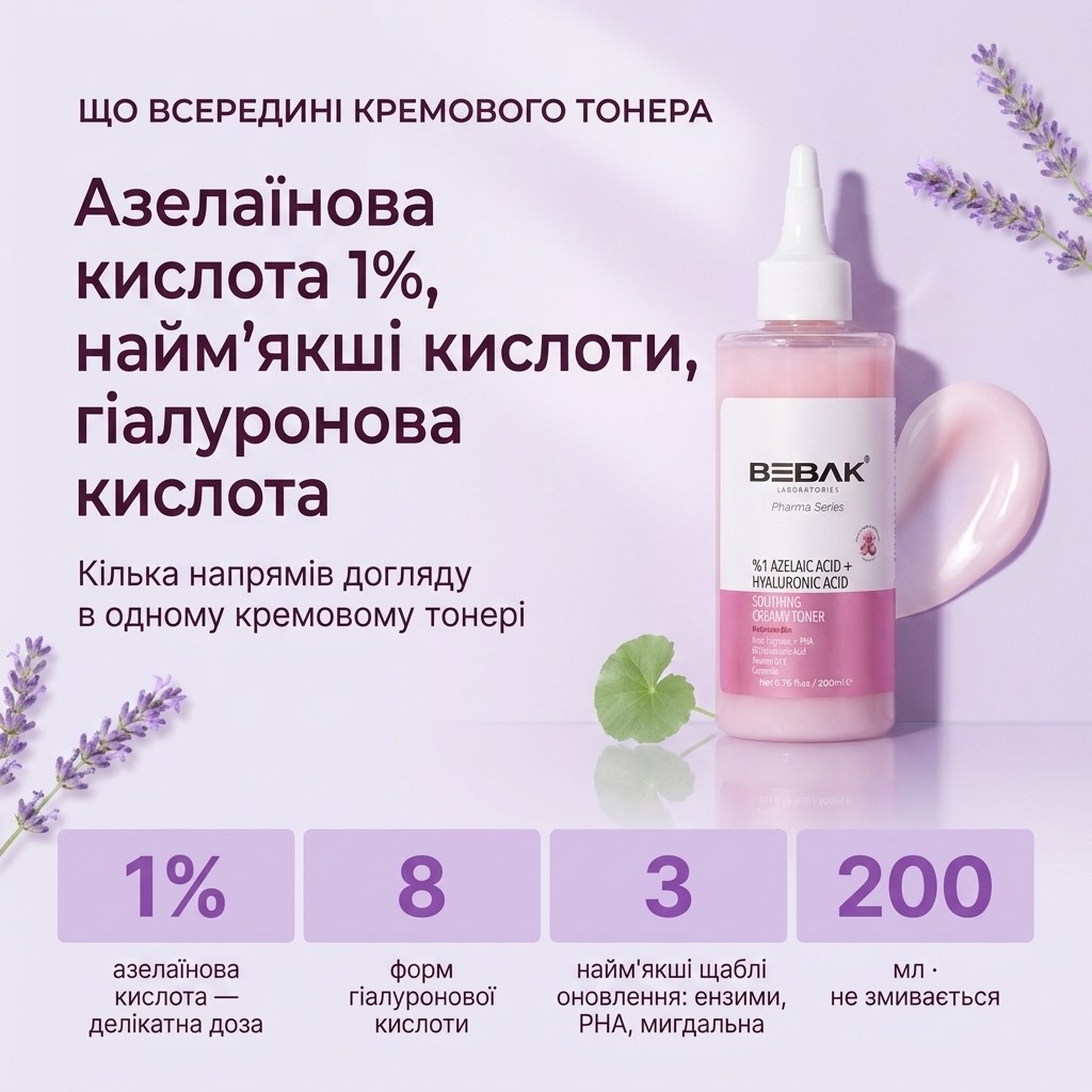 Успокаивающий кремовый тонер BEBAK с азелаиновой кислотой 1% и 8 формами гиалуроновой кислоты для чувствительной кожи лица, 200 мл
