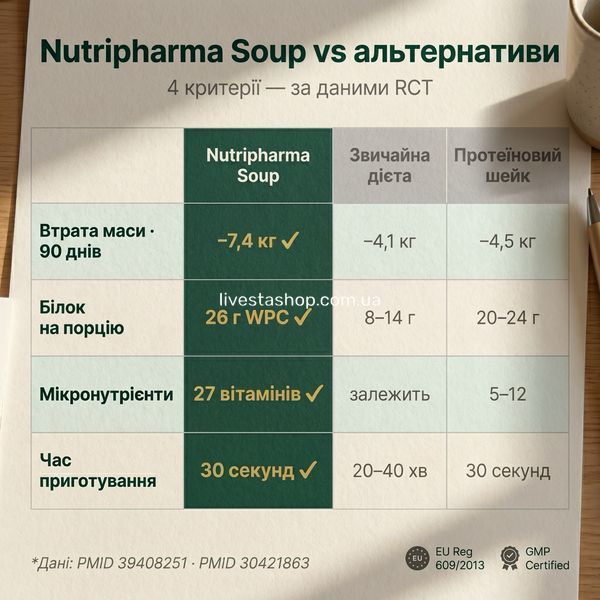Порівняльна таблиця Nutripharma Суп vs дієта vs шейк &mdash; білок, нутрієнти, вартість, клінічні дані, livestashop