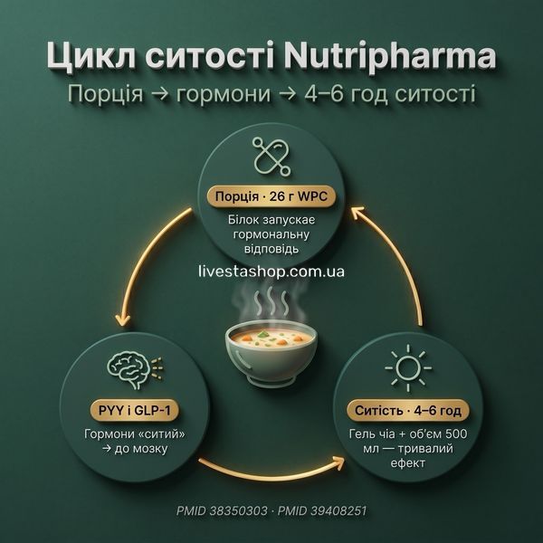 Інфографіка 3 механізми насичення супу Nutripharma &mdash; білок PYY GLP-1, клітковинний гель, захист м'язів, livestashop