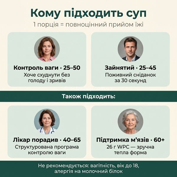 Інфографіка для кого підходить Nutripharma Поживний суп &mdash; контроль ваги, busy professional, медичний, 60+, livestashop