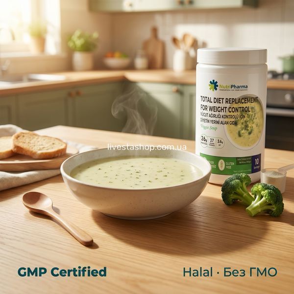 Миска теплого овочевого супу Nutripharma з парою на дубовому столі, поряд туба 600 г, livestashop