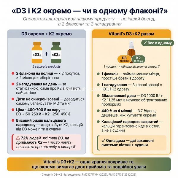 D3+K2 разом в одному флаконі vs роздільний прийом D3 і K2 окремо &mdash; convenience, ціна, синергія
