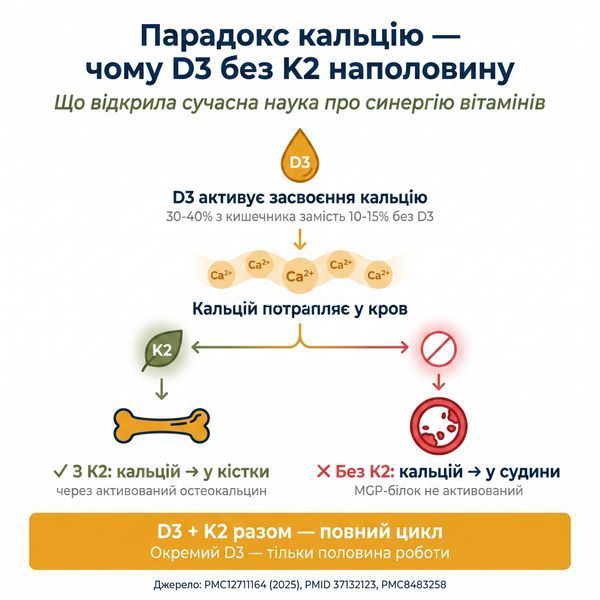 Інфографіка кальцієвий парадокс: D3 засвоює кальцій, K2 направляє у кістки, без K2 кальцій іде в судини