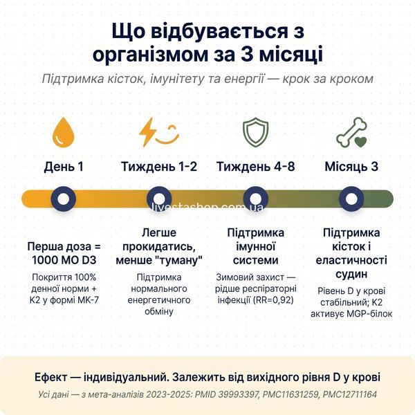 Таймлайн ефекту D3+K2 за 3 місяці: енергія через 1-2 тижні, імунітет 4-8 тижнів, кістки 3 місяці