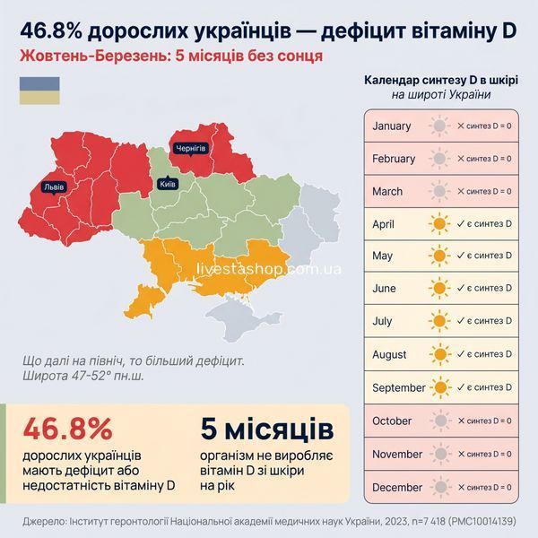 Карта України дефіциту вітаміну D &mdash; 46.8% дорослих, жовтень-березень 5 місяців без сонячного синтезу
