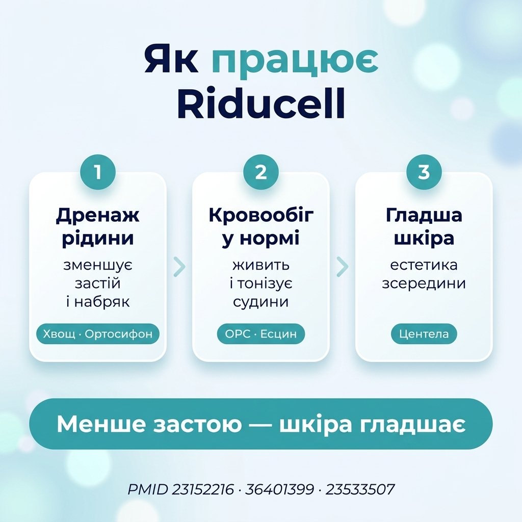 Схема действия Riducell Fase Attacco — эсцин поддерживает тонус вен, OPC и центелла защищают капилляры, бромелаин и диуретики хвоща и ортосифона поддерживают естественный дренаж жидкости