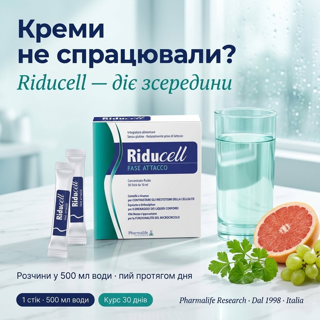 Жінка тримає пляшку води з розчиненим стіком Riducell Fase Attacco — рідкий формат із 9 ботанічних екстрактів від Pharmalife Research замість таблеток