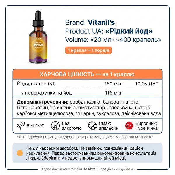 Supplement Facts Vitanil's Рідкий йод: 1 крапля = 150 мкг KI, 100% добової норми, без ГМО та алкоголю