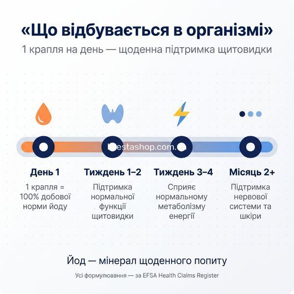 Таймлайн ефекту йоду на 4 тижні: відновлення рівня &rarr; більше енергії &rarr; ясність думки і концентрація