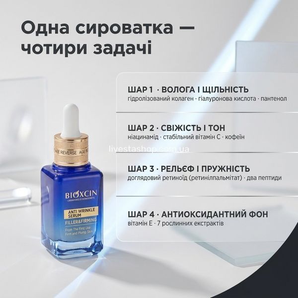 Формула нічної сироватки BIOXCIN AGE REVERSE у чотирьох шарах &mdash; волога і щільність, свіжість і тон, рельєф і пружність, антиоксидантний фон