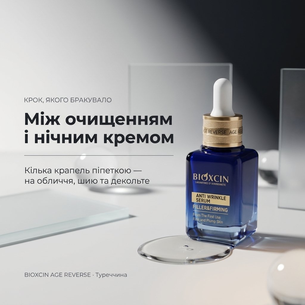 Нічна сироватка-концентрат BIOXCIN AGE REVERSE — вечірній догляд за обличчям, шиєю та зоною декольте кількома краплями з піпетки