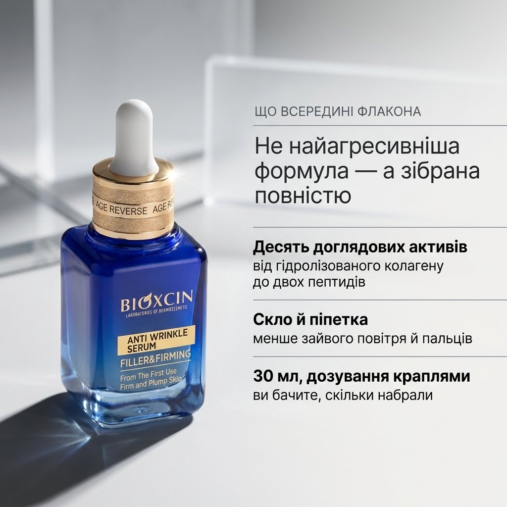Нічна сироватка для обличчя проти зморшок BIOXCIN AGE REVERSE, 30 мл — скляний флакон із золотою піпеткою і краплинним дозуванням